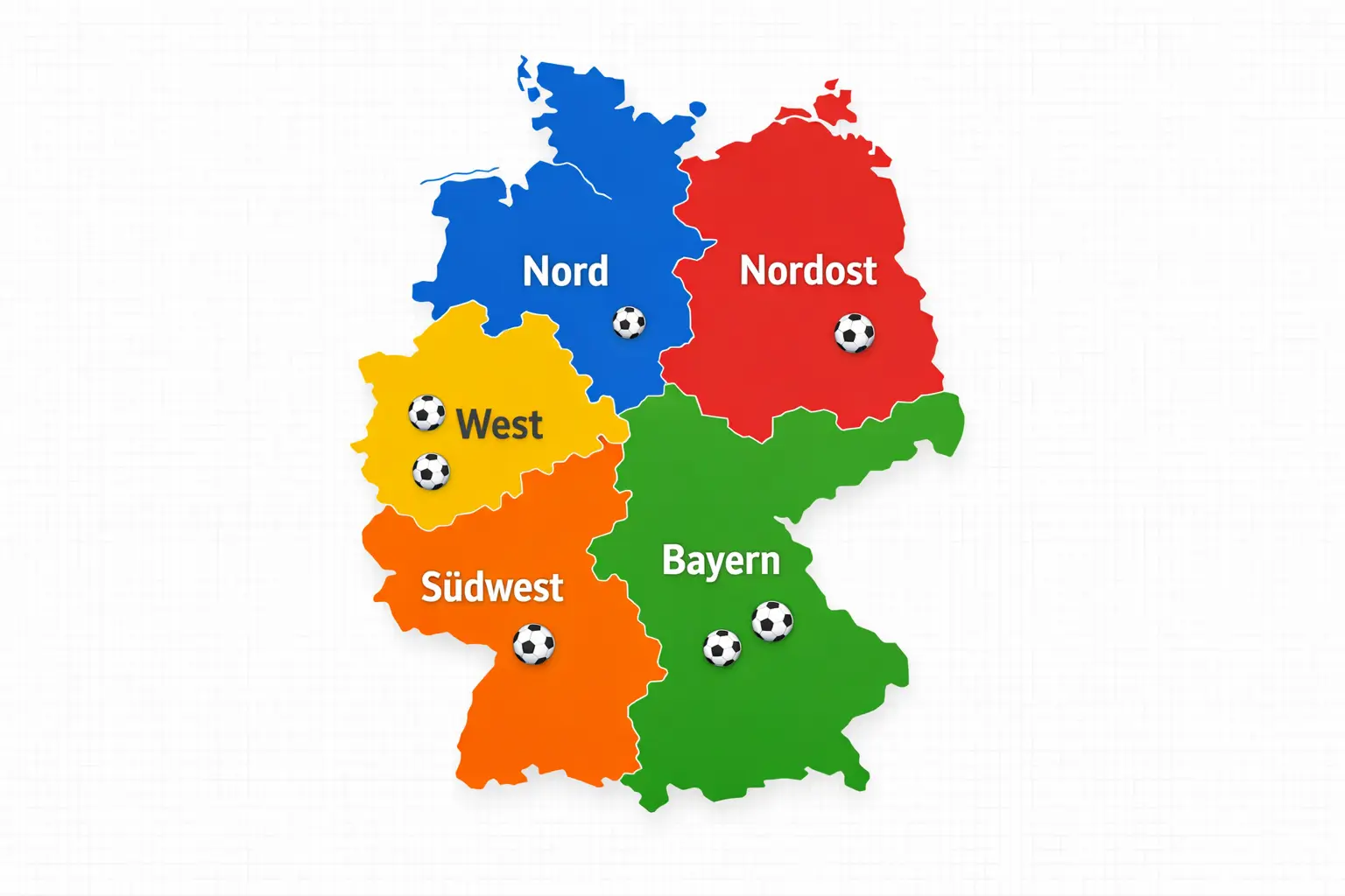 Übersichtskarte der fünf deutschen Regionalliga-Staffeln mit geografischer Einteilung