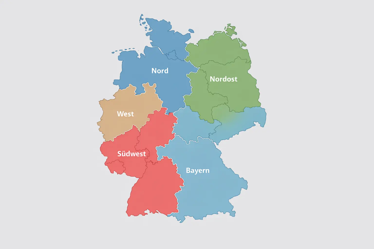 Übersichtskarte von Deutschland mit den fünf Regionalliga-Staffeln farblich markiert