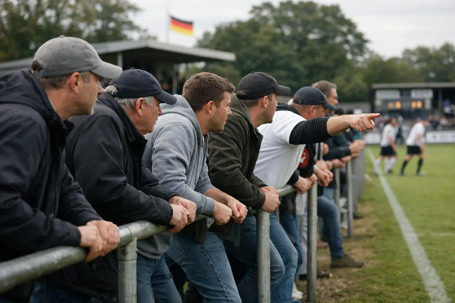 Fußballfans verfolgen gespannt ein Regionalligaspiel von der Tribüne