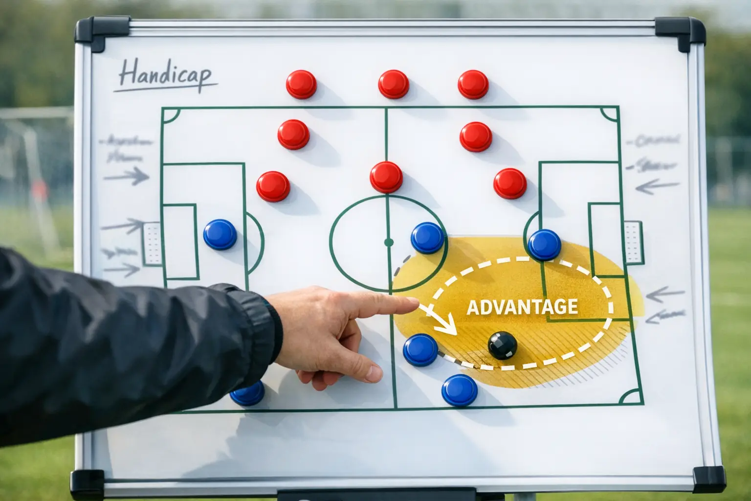 Taktiktafel mit Spielaufstellung und handschriftlichen Notizen zu Handicap-Strategien