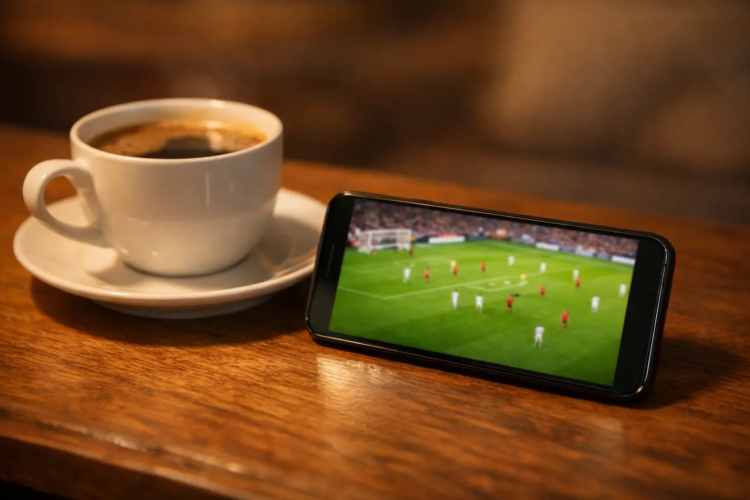 Smartphone zeigt einen Fußball-Livestream auf dem Bildschirm neben einer Kaffeetasse