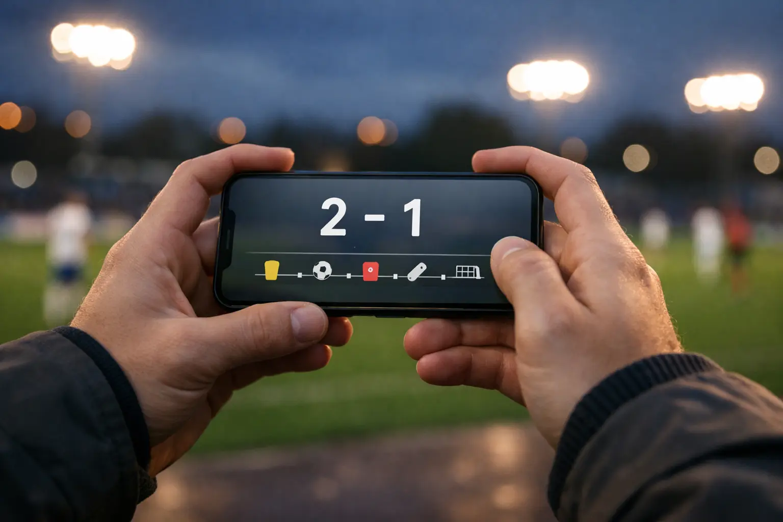 Smartphone mit Live-Spielstand im Stadion während eines Regionalliga-Spiels