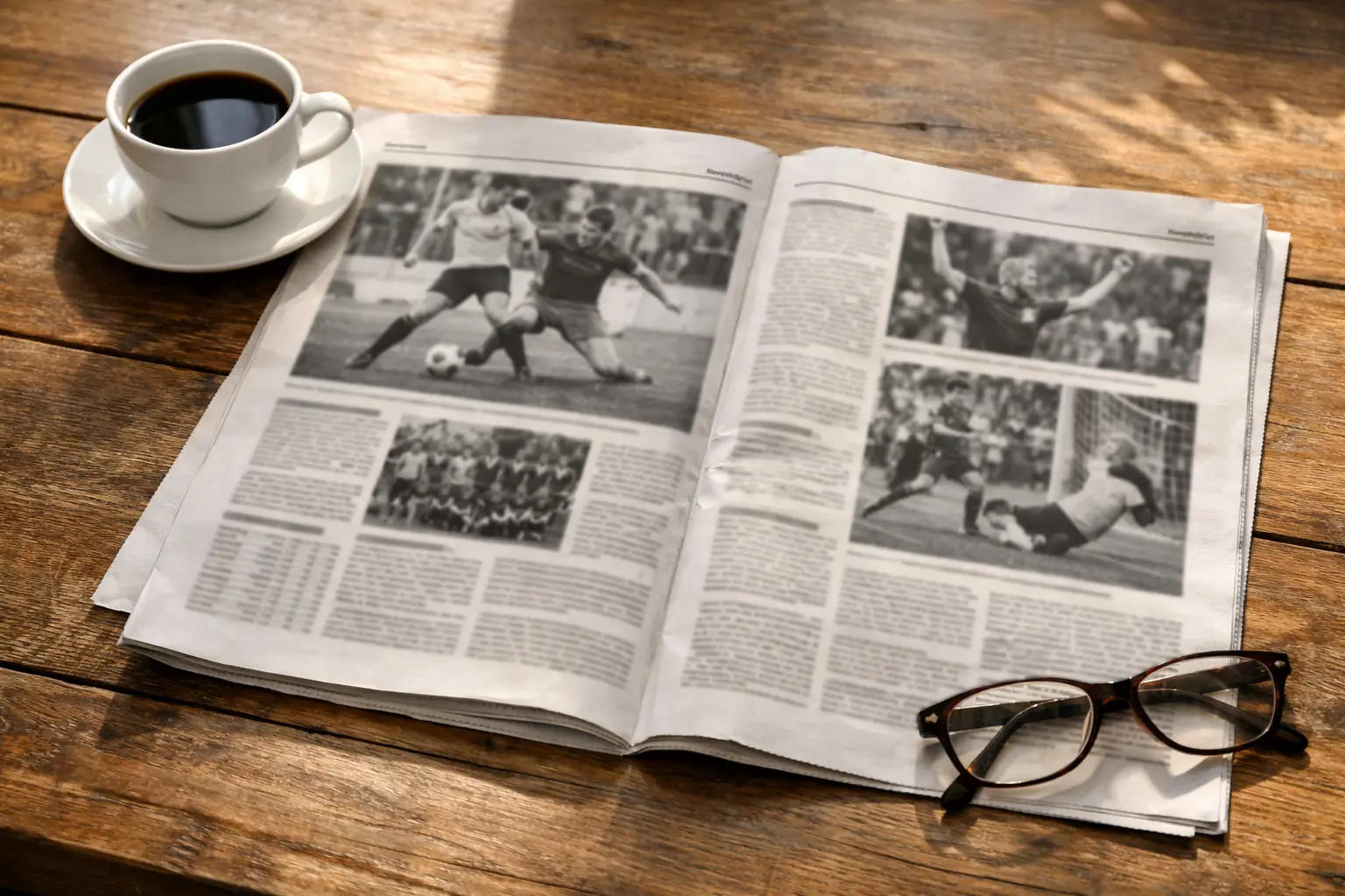 Aufgeschlagene Lokalzeitung mit Sportberichten über Amateurfußball auf einem Küchentisch