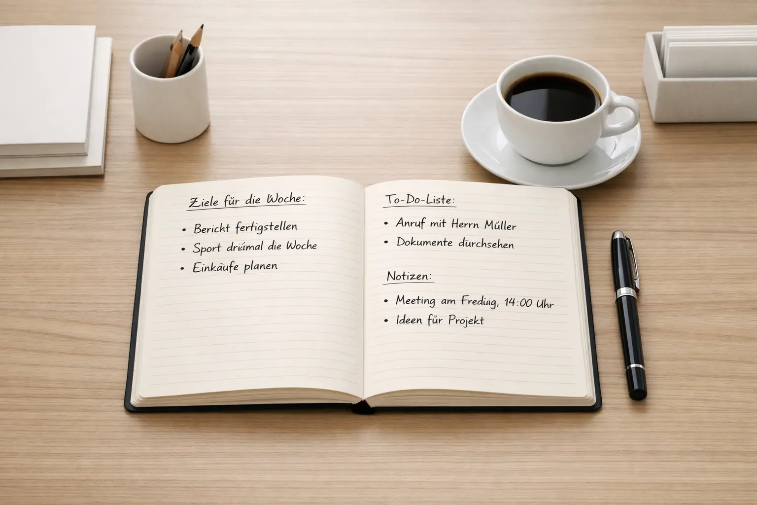 Ordentlicher Schreibtisch mit Notizbuch, Stift und Kaffeetasse für konzentrierte Wettanalyse
