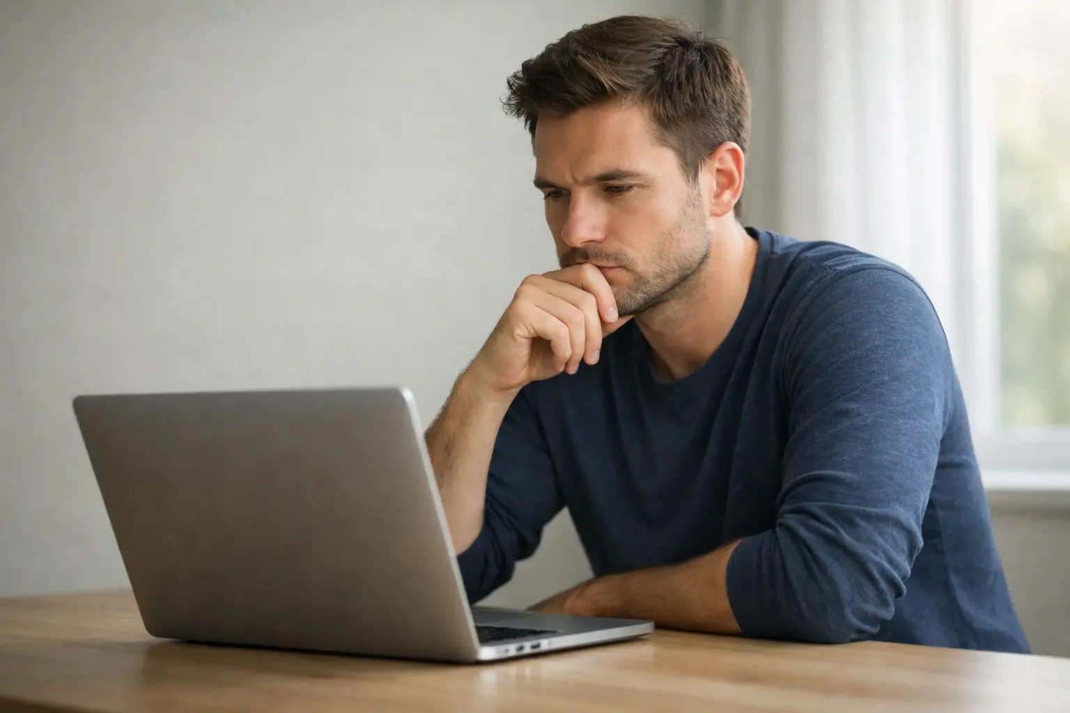 Nachdenklicher Mann sitzt vor einem Laptop und wägt seine Entscheidungen ab