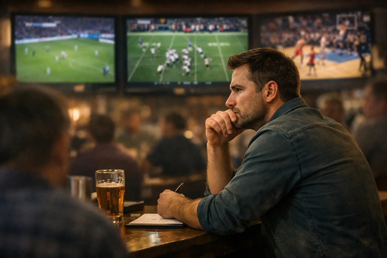 Fan analysiert Spielpaarungen in einer Sportsbar mit Blick auf mehrere Bildschirme