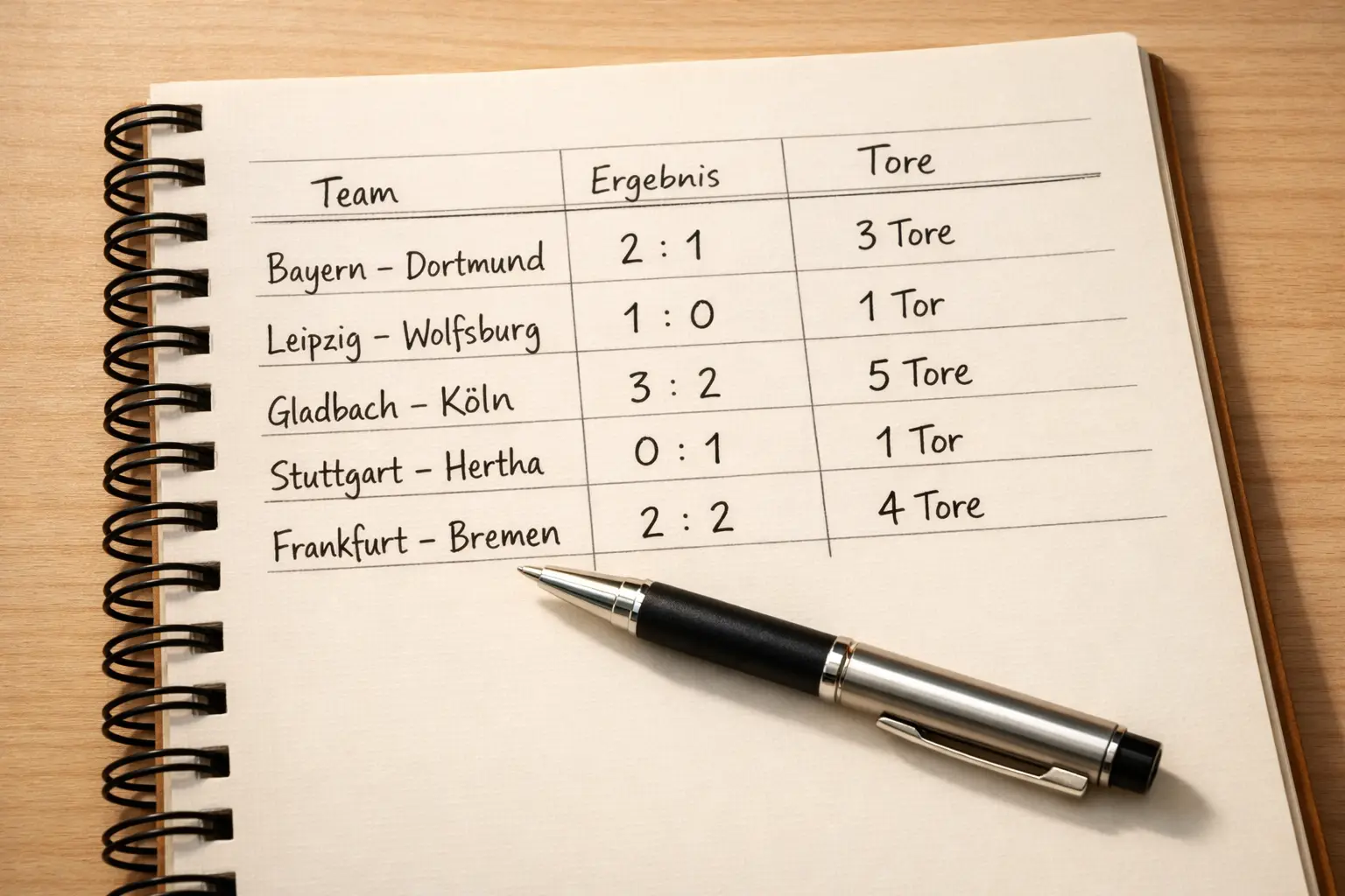 Aufgeschlagenes Notizbuch mit handgeschriebenen Spielstatistiken und Torergebnissen