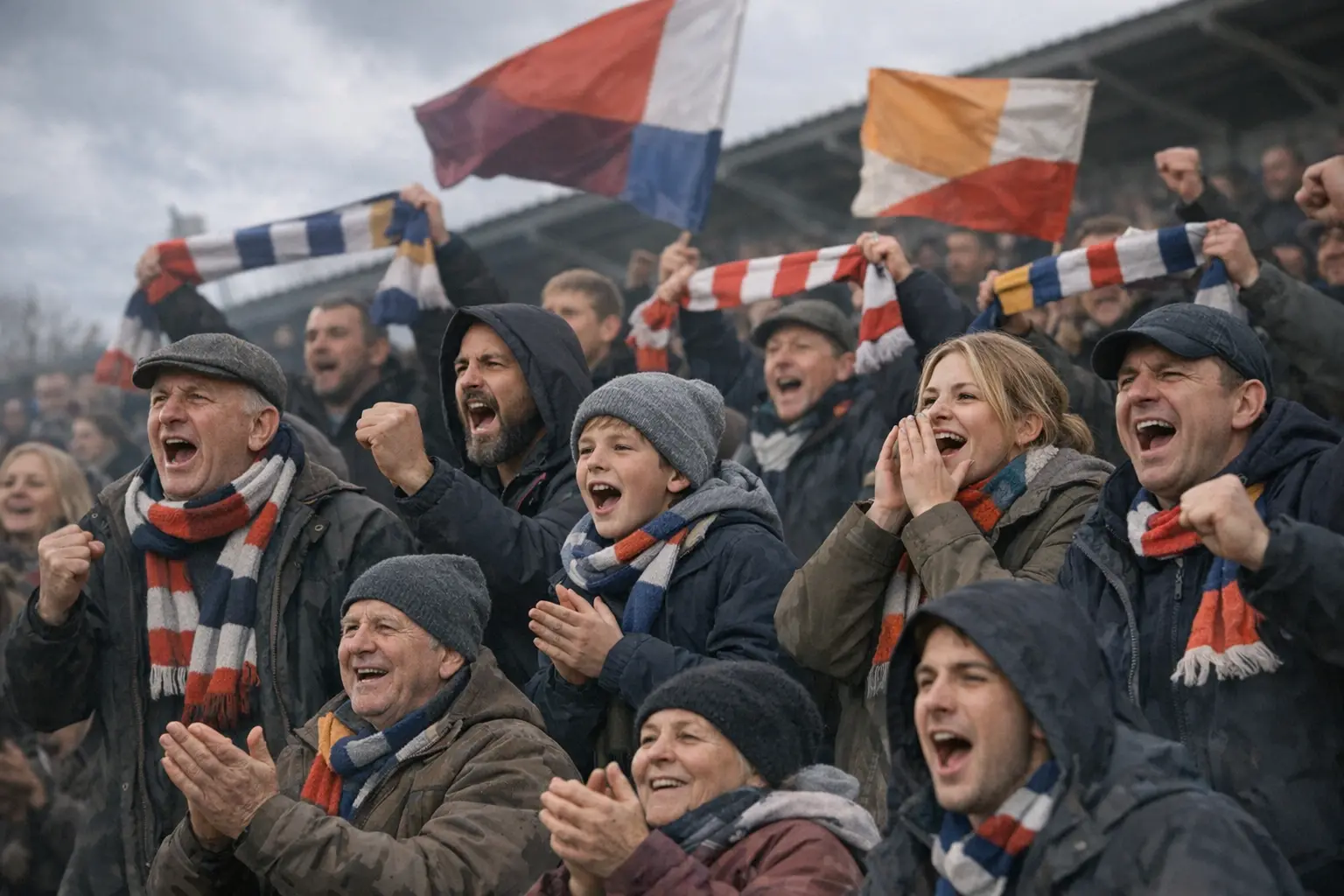 Leidenschaftliche Fans mit Schals und Fahnen unterstützen ihren Traditionsverein auf der Tribüne