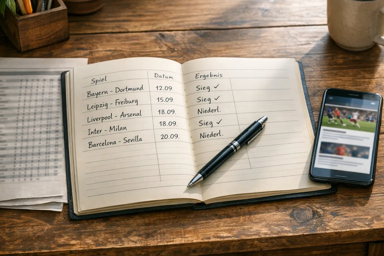 Geöffnetes Wetttagebuch mit handschriftlichen Notizen und Statistiken